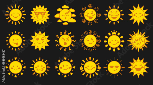 Cartoon Sun Icons Collection - Cheerful Yellow Sun Faces with Various Expressions and Accessories on Black Background