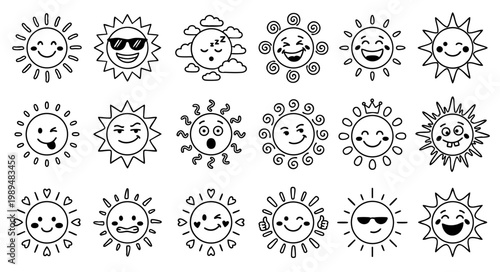 Cartoon Sun Icons Collection - Outline Style Cheerful Yellow Sun Faces with Various Expressions and Accessories on White Background