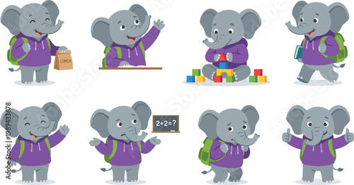 Student humanized elephant character poses with green backpack purple hoodie school raising hand building blocks for children educational mascot branding design