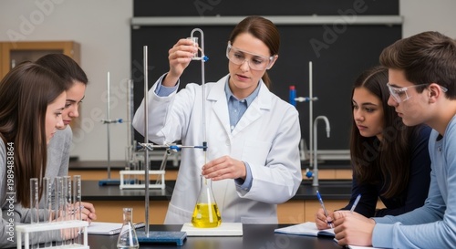 Teacher demonstrating titration in a science lab