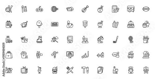 Hobbies and Free Time icon set. Vector collection featuring knitting, painting, gaming, archery, music, sports, travel, food and more. Editable thin line icons.
