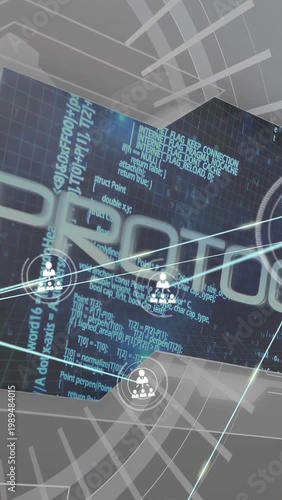 Vertical video: HUD rotating data wall appearing main node glowing sending cyan links for analysis