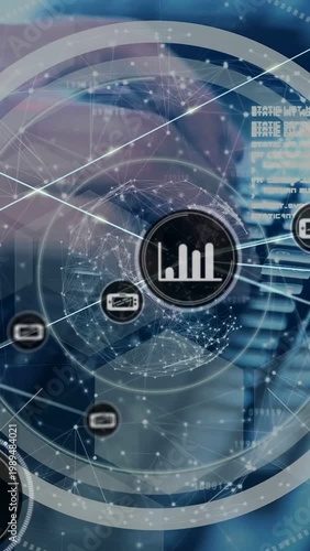 Vertical video: Hands typing keys and activating HUD over keys, nodes and graph showing technology