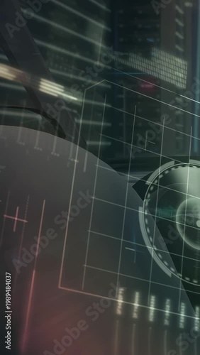 Vertical video: Helmeted pilot activating sensors, animating HUD grids and reticle to map city