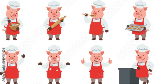 Chef humanized pig character poses with white toque red apron stirring rolling pin tasting cooking for culinary kitchen mascot branding design