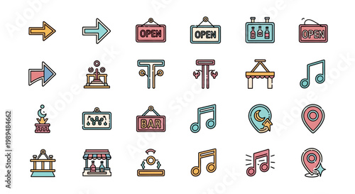 Colorful business and music icons set.