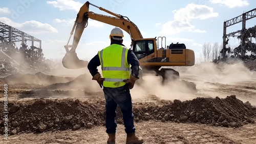 A construction worker oversees an excavator digging at a dusty industrial site outdoors.
