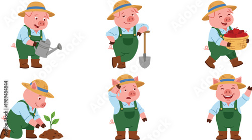 Gardening humanized pig character poses with straw hat green overalls watering can shovel planting for farming outdoor mascot branding design