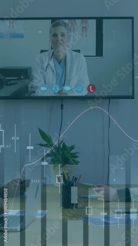 Vertical video: Call connecting, doctor in white coat consulting via wall display with charts