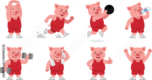 Sporty humanized pig character poses with red athletic jersey white sneakers stretching sprinting jumping lifting for sports fitness mascot branding design