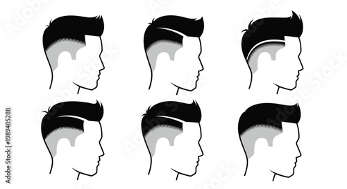 Six illustrations of men s hairstyles showing side views and variations