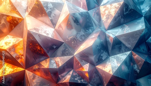 Abstract, geometric artwork showcasing a fragmented, crystalline structure. The piece has warm and cool color sections. The light creates depth