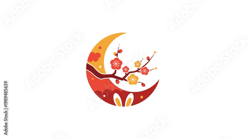 Crescent Moon with Rabbits and Flowers.