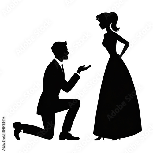 Man kneeling in proposal silhouette reaching out to woman for romantic engagement and marriage vector illustration