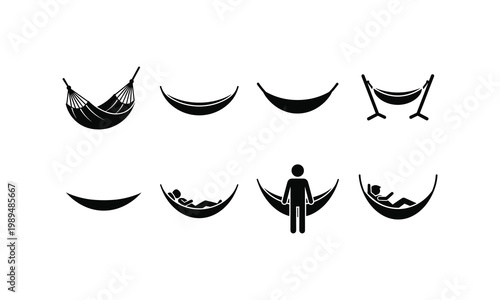 Resting person in hammock vector icons with different hanging positions and sleek line art.