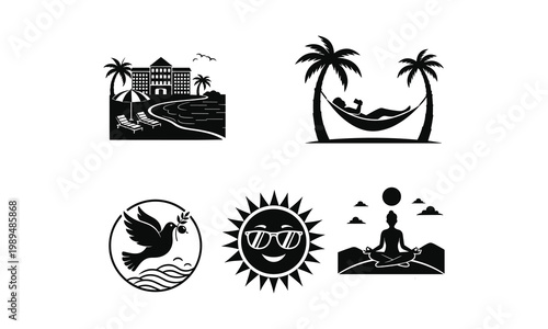 Tropical summer vacation icons vector including beach resort sun and yoga silhouette set.