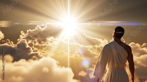 Man in white robe standing on clouds looking at sunrise