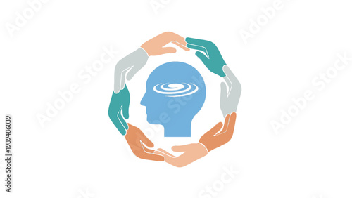 Diverse hands around a head.