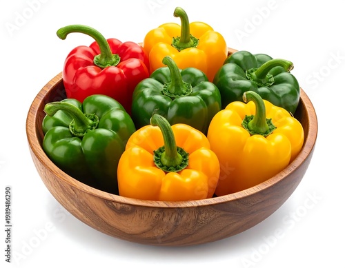 Fresh Red Yellow And Green Bell Peppers In A Wooden Bowl Isolated On White Background High Angle Studio Shot Of Healthy Organic Vegetables