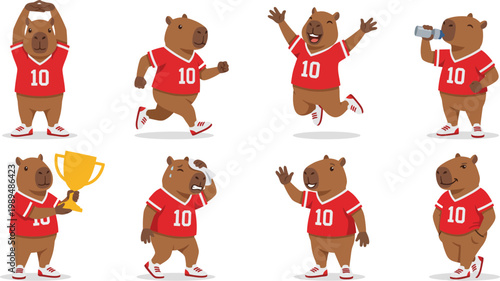 Sporty humanized capybara character poses with red athletic jersey white sneakers stretching jogging trophy relaxed for sports casual mascot branding design