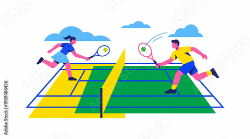 Two people playing tennis on a court.