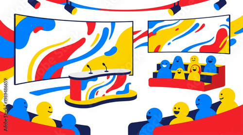 Colorful Abstract Presentation Stage with Audience.