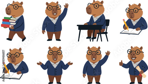 Student humanized capybara character poses with large round glasses navy cardigan books raising hand studying for smart educational mascot branding design