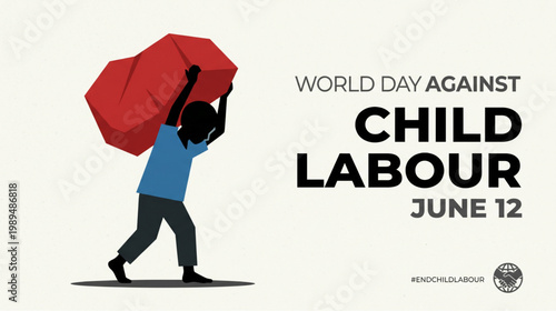 Child labour awareness concept showing young worker carrying heavy burden with symbolic protection element for human rights education social campaign and global awareness use