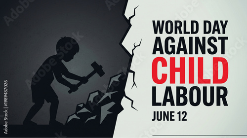 Powerful child labour awareness concept with silhouette of young worker breaking rock in dark scene for human rights campaign social justice education and global protection message use