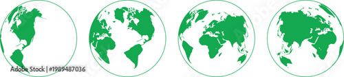 Green world map globe icons showing different continents and perspectives. Minimal earth vector set for global business, travel, geography, environment and international network concepts. Clean modern