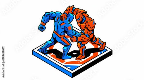 Two muscular cartoon wrestlers in a fierce grapple.