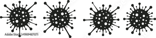 Black virus icon set with abstract microbial shapes and spike particles. Minimal flat silhouette design for medical, healthcare, pandemic awareness and biology concepts. Isolated vector collection.
