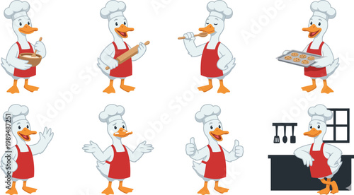 Chef humanized duck character poses with white toque red apron white feathers stirring tasting cooking for culinary kitchen mascot branding design