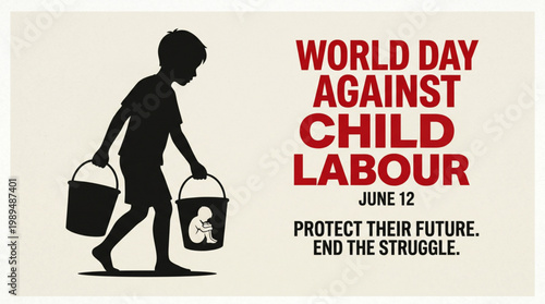 Child labour awareness concept with silhouette of young worker carrying heavy buckets in minimal scene for human rights campaign social justice education and protection message use