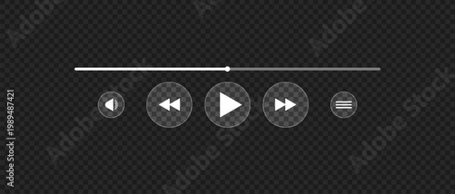 Glass audio video player buttons, Playlist tracker interface icons, Player screen with buttons and music playback bar