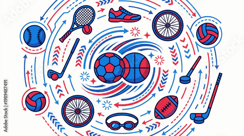 Collection of Various Sports Equipment and Balls Arranged in a Circular Pattern.