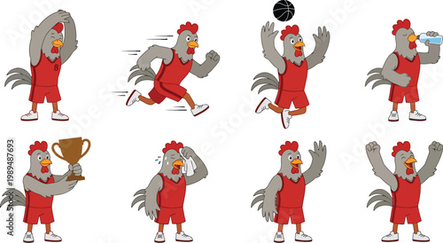 Sporty humanized chicken character poses with red athletic jersey white sneakers stretching sprinting jumping trophy for sports fitness mascot branding design