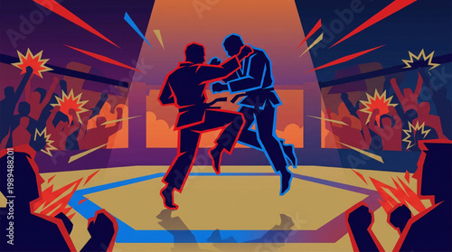 Two martial artists engaged in a dynamic fight scene.