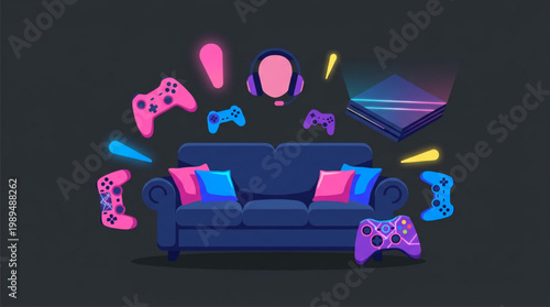 Modern Gaming Couch with Neon Controllers and Headset.