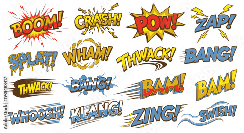Comic book sound effect bubbles with action words on white