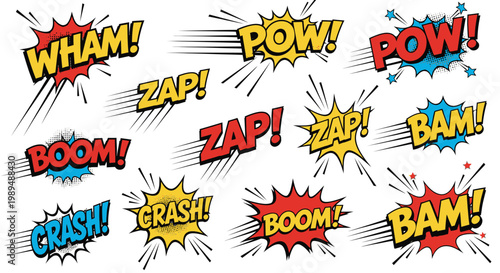 Comic book sound effect bubbles with action words on white