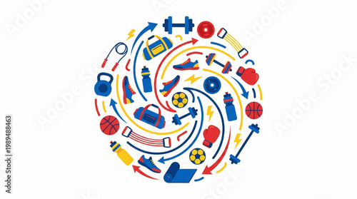 Fitness Equipment Collage Circular Arrangement Dynamic Motion.