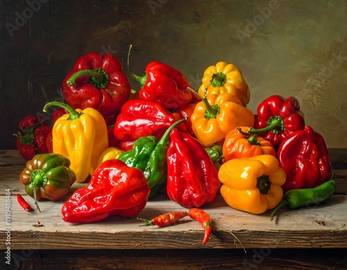 Fresh Red Yellow And Orange Bell Peppers Still Life Painting On Rustic Wooden Table In Dramatic Side Lighting With Dark Textured Background