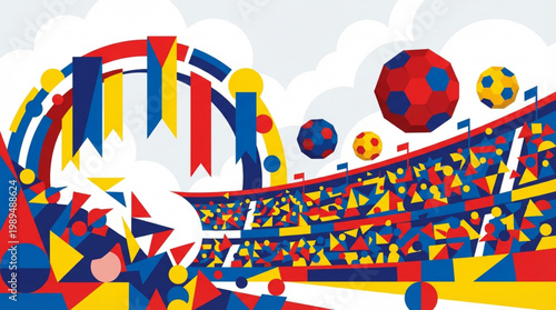 Vibrant Soccer Stadium Crowd Celebration with Flags and Balls.