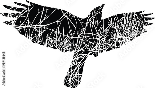 Artistic black bird silhouette featuring a complex double exposure effect of white tangled tree branches and twigs on a white background.