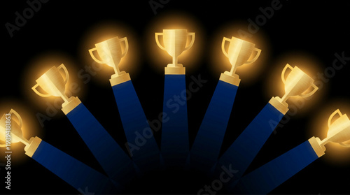 Golden Trophies Displayed in a Fan Shape.