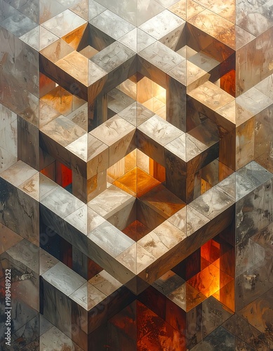 Abstract geometric composition showcasing interconnected forms and varied textures, warm interior glowing