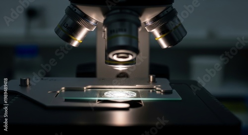 Microscope Illuminating Specimen Slide in Laboratory
