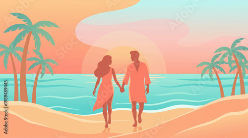 Couple walking hand in hand on a tropical beach at sunset.