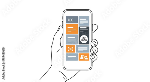 Hand holding smartphone with app icons.